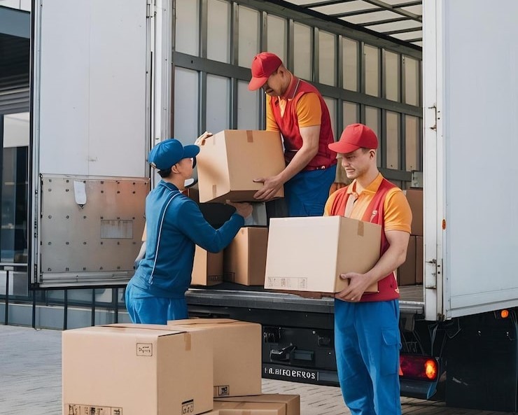 Alt text:
"Moving crew unloading cardboard boxes from a delivery truck, representing professional transportation and relocation services.