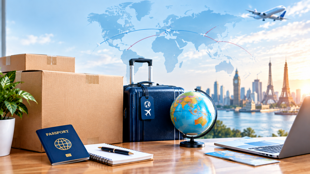 International moving scene with packed boxes, a suitcase, passport, globe, laptop, and world map with flight paths in the background.