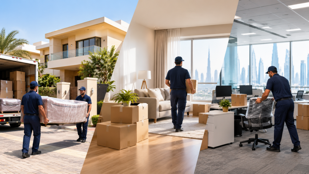 Alt text: Professional movers handling furniture, moving boxes, and office equipment during villa, home, and office relocations in Dubai.